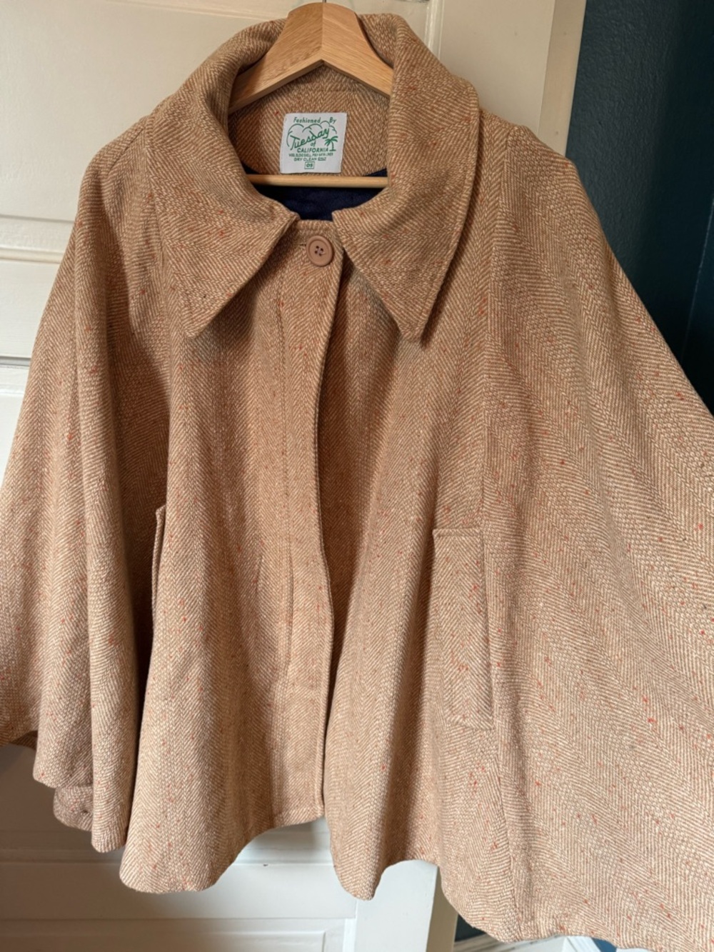 Tuesday of California Wool Tweed Cape Coat in “Carrot Cake”